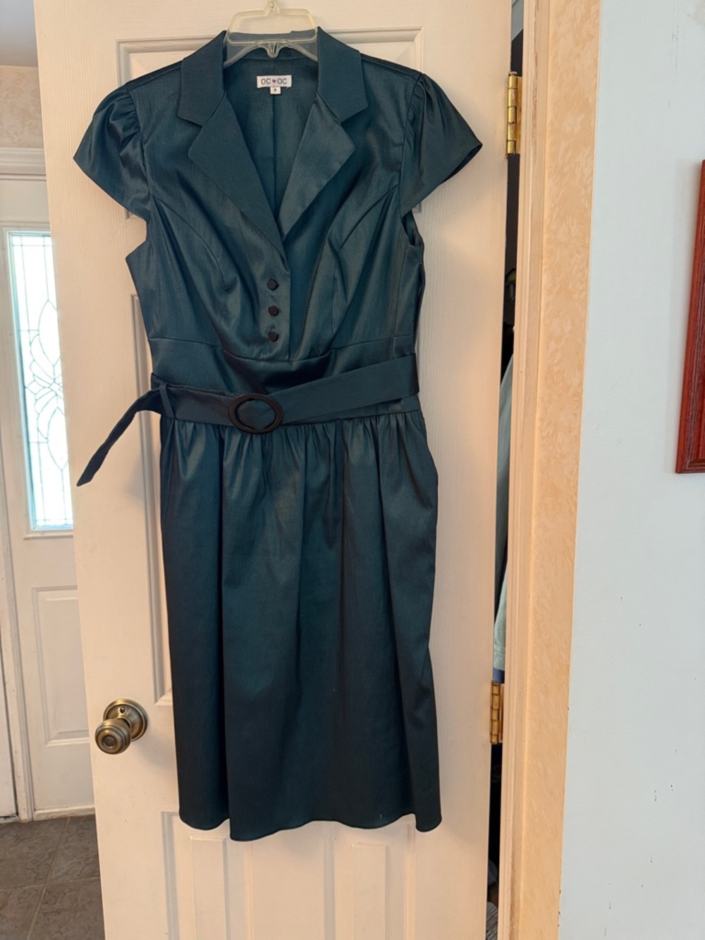 OC by Oleg Cassini Teal Belted Cap-Sleeve Midi Dress
